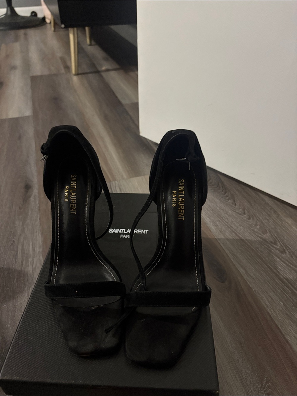 Saint Laurent Black Suede Strappy Open-Toe Heels